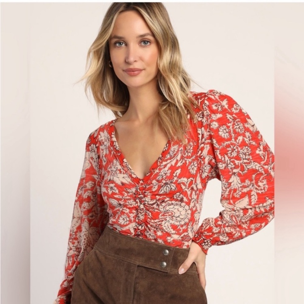 NWT Free People Ruby Red Floral Longsleeve Shirt Sz M